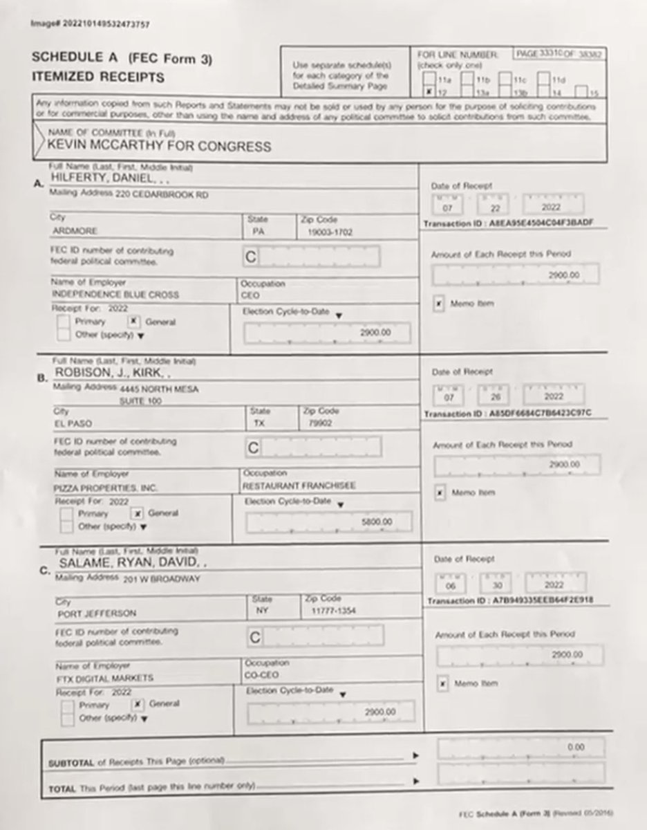 .@RepAOC Here’s the FEC proof @GOPLeader #KevinMcCarthy received funds from FTX co-chair Ryan David Salame. McCarthy received up to $30 MILLION in STOLEN FTX funds which were illegally used in GOP primaries. You told me you didn’t know if this was true when I asked you. It is.