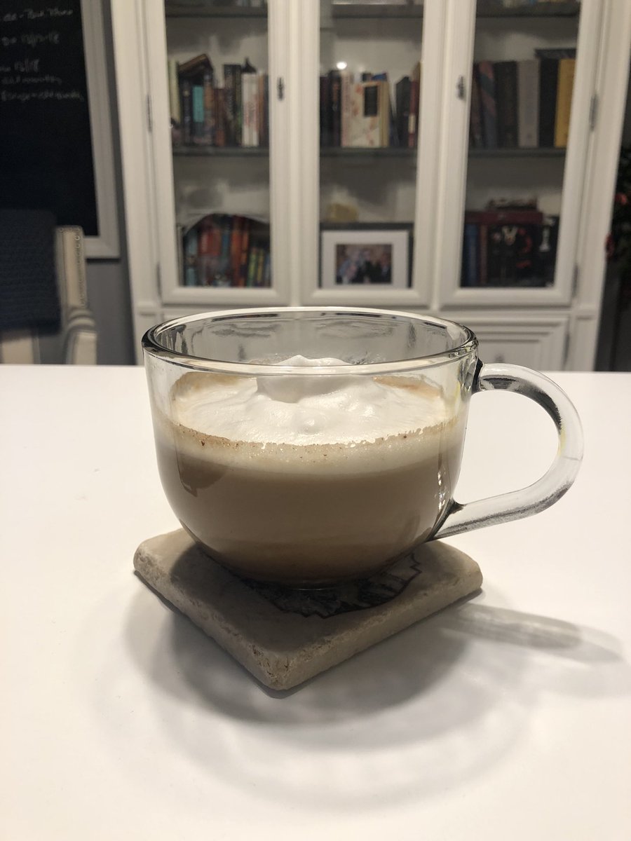 SuzanneMWinslow's tweet image. Mocha latte. I inadvertently skimped on the almond milk. Next time I’ll use a full cup of milk and try chocolate syrup instead of chocolate chips. Still good! #writerfuel #homemadelatte #writerslife