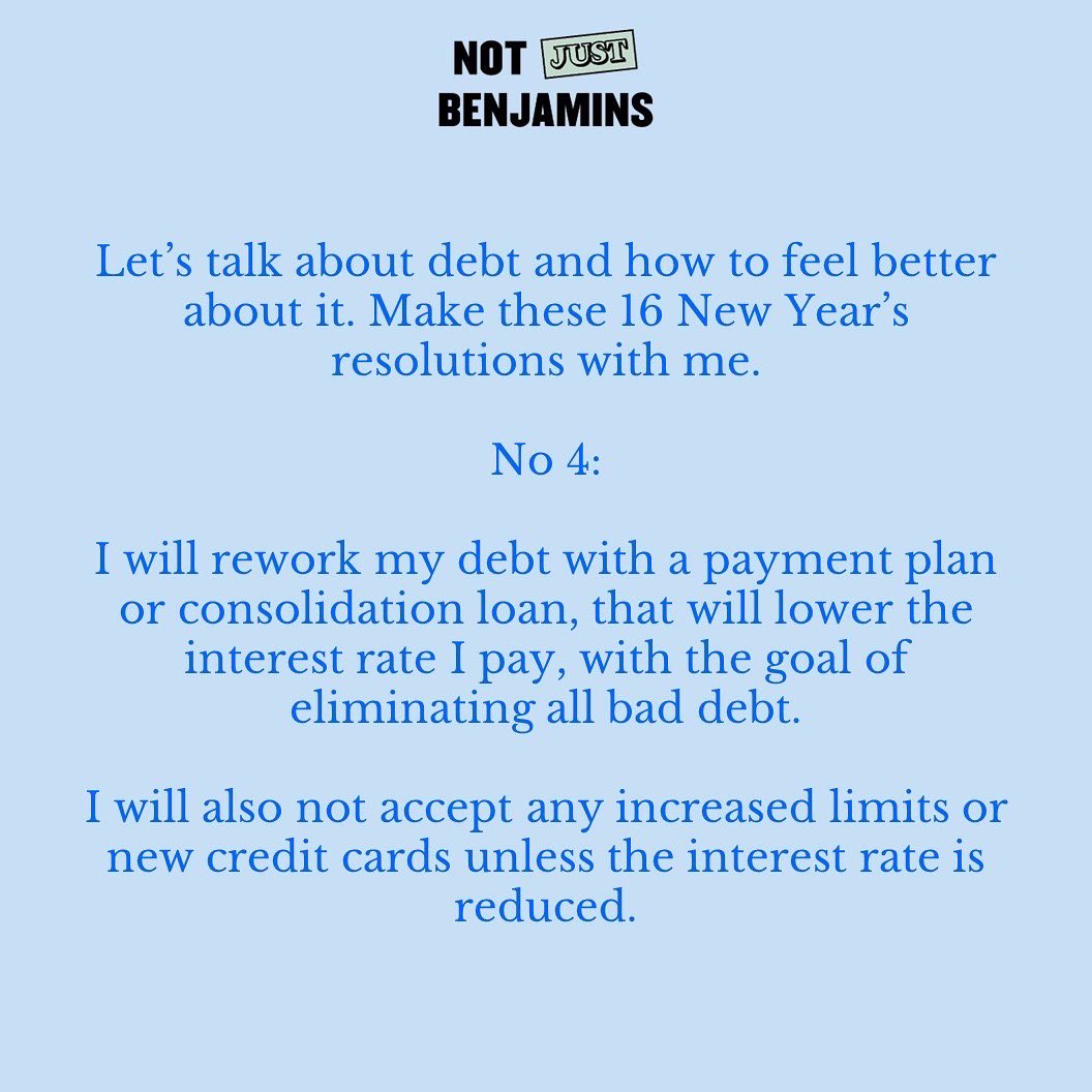 ntjustbenjamins's tweet photo. 2023 Resolution No 4: I Will Rework My Debt. #notjustbenjamins #benjamins #money #finance #moneymindset #moneywisdom #moneyactions #moneyhowtos #moneyknowledge #moneybehindthescenes #debt #newyearsresolution #paymentplan #consolidationloan #payoffdebt #lowerinterest #baddebt https://t.co/3AR8EZHihe