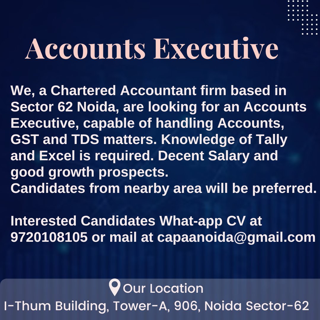 SynergyInsolve1's tweet photo. https://t.co/1TesFYZFWU
Hiring Accounts Executive
Interested candidates can contact :-
Praveen Agrawal- 9720108105
Email id:- capaanoida@gmail.com

#hiring #accountsjobs #accountingservices #hire #hireagraduate #hireme #hirenow #accounts #accountingfirm #accountexecutive #gst https://t.co/fakG0zPS7b