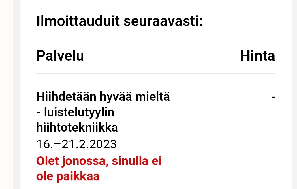 Uuden vuoden kunniaksi päätin asettaa itseni epämukavuusalueelle: opettelen uudelleen luisteluhiihdon. Ilmoittauduin Pirkan opiston kurssille ja päädyin jonoon! Ilmeisesti meitä on muitakin, jotka haluavat haastaa itsensä. #harrastus #pirkanopisto