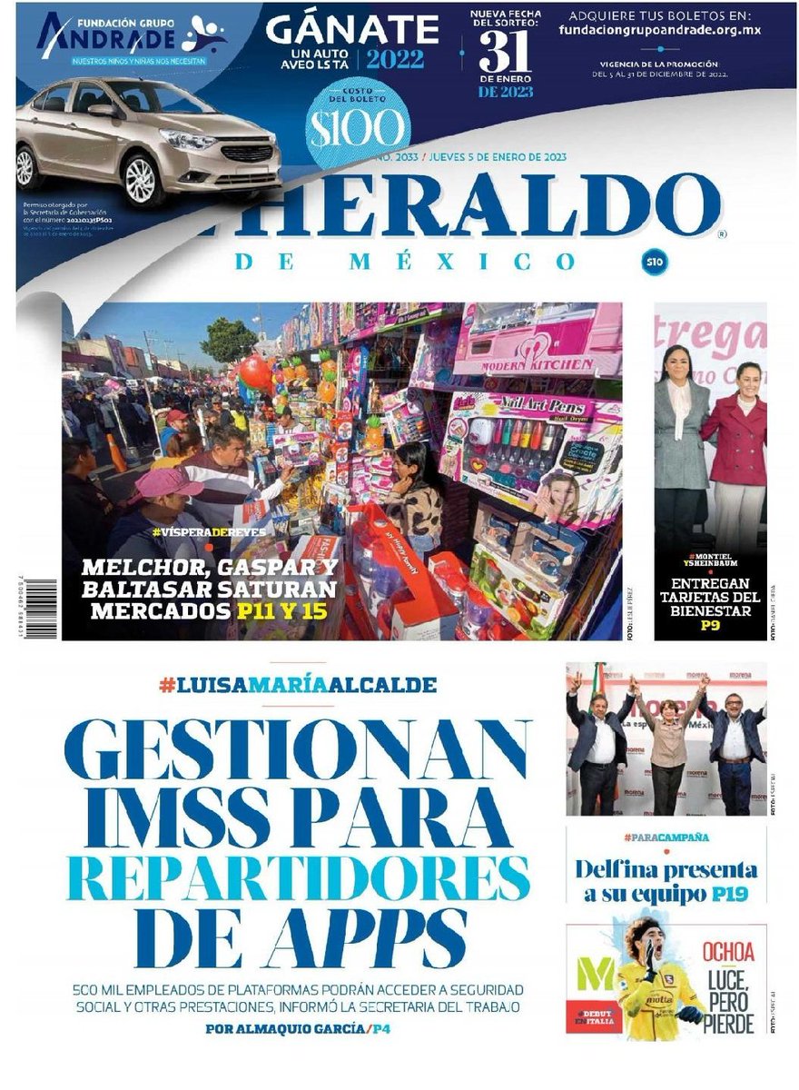 #Portadas #5Enero🇲🇽
🧶Milenio:García Luna disparó sobornos por 10mdd: UIGF a corte de Florida
🧵El Financiero:Enfrenta #Pemex vencimientos por 16.7 mdd
🧶El Economista:En 4 años, SAT recauda 753,988 mdp de grandes contribuyentes
El Heraldo:Gestionan IMSSbpara repartidores de apps