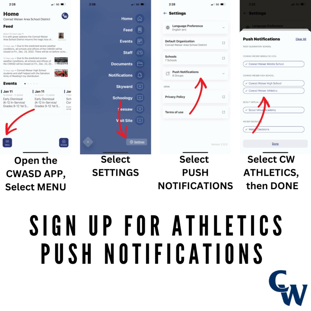 🏀🤼🎳⚾🏈⚽📣🏑🎽🏐🎾🥍🥎
Weather related athletic schedule changes, and other athletic schedule changes, will be updated on our CWASD APP.  
Follow these directions to receive push notifications for CW Athletics.
Go Scouts!

#WeAreWeiser