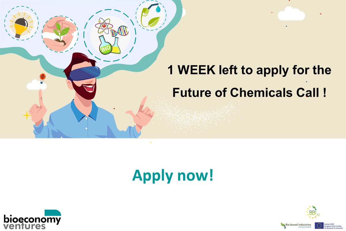 📢 1 week left to apply for the BioeconomyVentures Future of Chemicals Open Call!

REGISTER &amp; APPLY NOW 👉 f6s.com/bioeconomyvent…
CHALLENGES 👉platform.bioeconomyventures.eu/opencalls-inno…