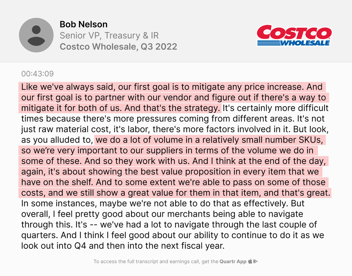 Quartr_App's tweet photo. Are you looking for competitively advantaged businesses?

Here's a thread of transcript excerpts where company executives themselves describe their advantage in detail, found using our transcript search 🧵

1. $COST on scale economies shared: https://t.co/ZfSOAQpdGL