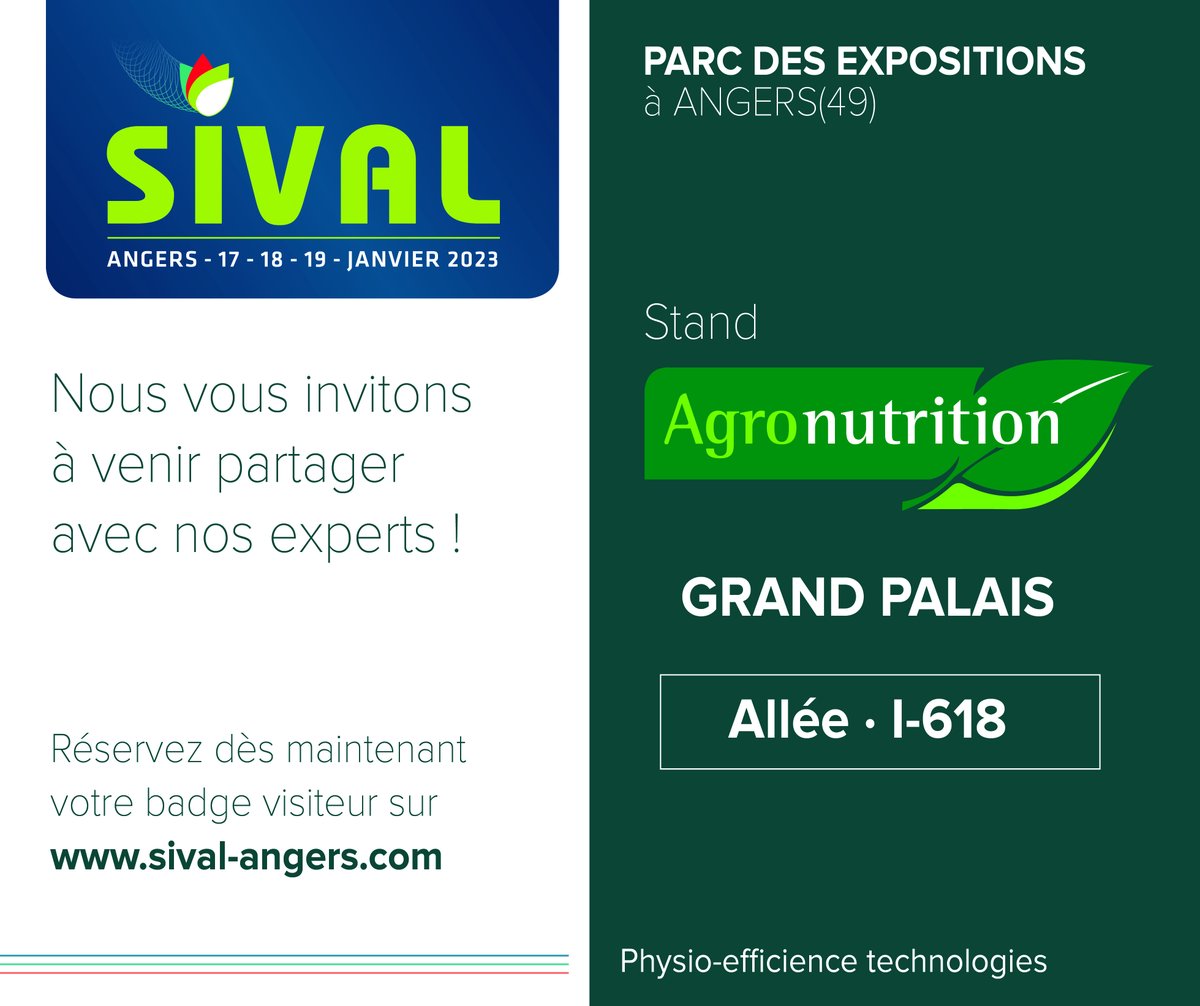 AGRONUTRITION sera présent au Sival Angers du 17, 18 et 19 janvier 2023 au parc des exposition à Angers (49) sur un stand commun avec DE SANGOSSE🌱

Venez nous rejoindre sur le stand GRAND PALAIS - Allée · I-618 pour échanger avec nos experts !🗣👨‍💼