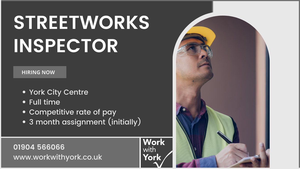 Now #recruiting for a Streetworks Inspector to join our client's experienced team.

If you have a full driving license & the relevant qualifications, visit bit.ly/3fIz70G to learn more and apply.

#hiring #yorkjobs #streetworksinspector #team #vacancy #vacancies #NRSWRA