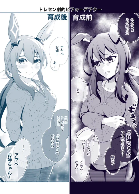 正月ボイスでアヤベさんに弟がいることが判明したので育成前後でこんな一幕が確実にあったなという強めの幻覚
#ウマ娘プリティーダービー 
#アドマイヤベガ 