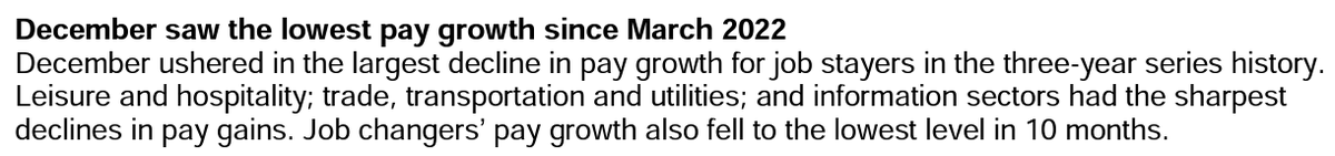 ⚠️ A more relevant snippet from the ADP jobs report... "December saw the lowest pay growth since March 2022"