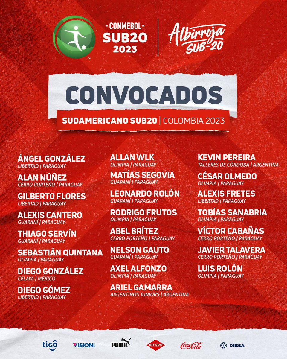 Albirroja's tweet photo. ¡La #AlbirrojaSub20 ⚪🔴 está lista!

🗒️ Ellos son los convocados para disputar la CONMEBOL Sub 20 - Colombia 2023.

¡Vamos para adelante siempre, muchachos! 💪🏻

#VamosParaguay 🇵🇾 https://t.co/T8XZRIukOU