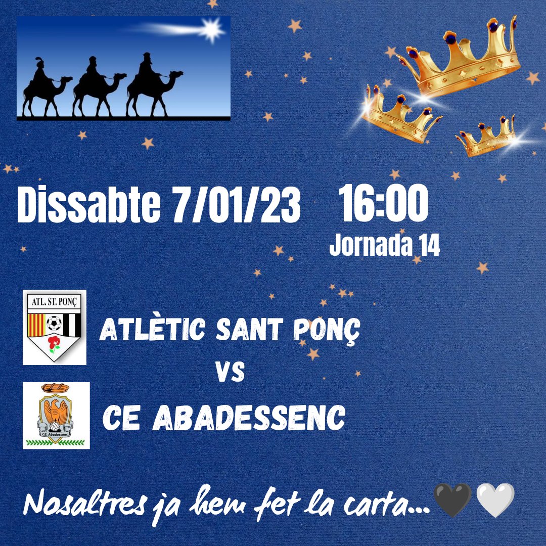 Dissabte ens visita un gran rival, vina a animar a l'equip! 🖤🤍

📆 Dissabte 07/01/23
⏰ 16:00
🆚 <a href="/CE_Abadessenc/">CE Abadessenc</a> 

Pit i collons! 💪

#fcf #3cat18