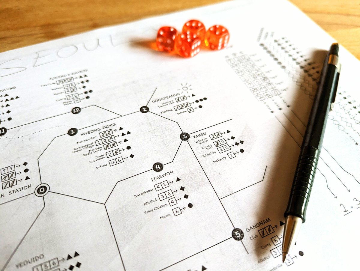 So this was the first version of my new #rollandwrite #boardgame 🎲

I used the #Seoul underground map as a base. At each location you are able to perform different activities by rolling the matching dice beforehand, also allowing movement following the lines beforehand 🗺️🇰🇷