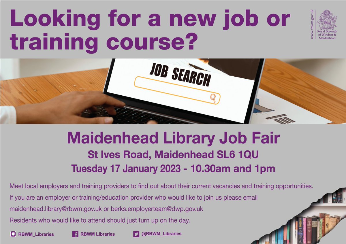 RBWM_Libraries's tweet photo. Start the New Year with a new #job and or training. Come to #MaidenheadLibrary #training and #jobfair.
@Oxcrossroads @SurecareSlough #Iconicluxuryhotels @ManorGreenSEN @ResourceProds @Adviza_Careers #CLASS #AdultCommunityLearning #jcpthamesvalley @DWPgovuk https://t.co/ZbSy8AdChm