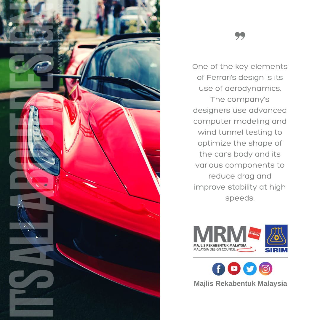 info_mrm's tweet photo. One of the key elements of Ferrari's design is its use of aerodynamics. The company's designers use advanced computer modeling and wind tunnel testing to optimize the shape of the car's body and its various components to reduce drag and improve stability at high speeds. https://t.co/Rf0Rfe0JCS