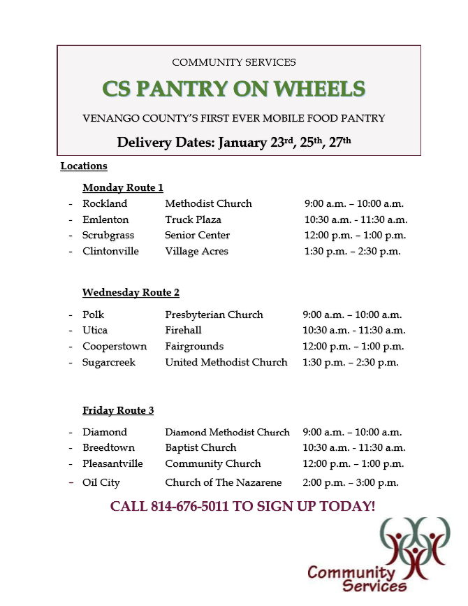1CSVC's tweet photo. Community Services Mobile Food Pantry
January 2023 Delivery Dates!
In you would like more information or sign up, please call our office at 814-676-5011 ask for Melinda.
#fooddelivery #MobilePantry #mobilepantry #emergencyfood #emergencyfoodsupply https://t.co/EbBvuLGKWI
