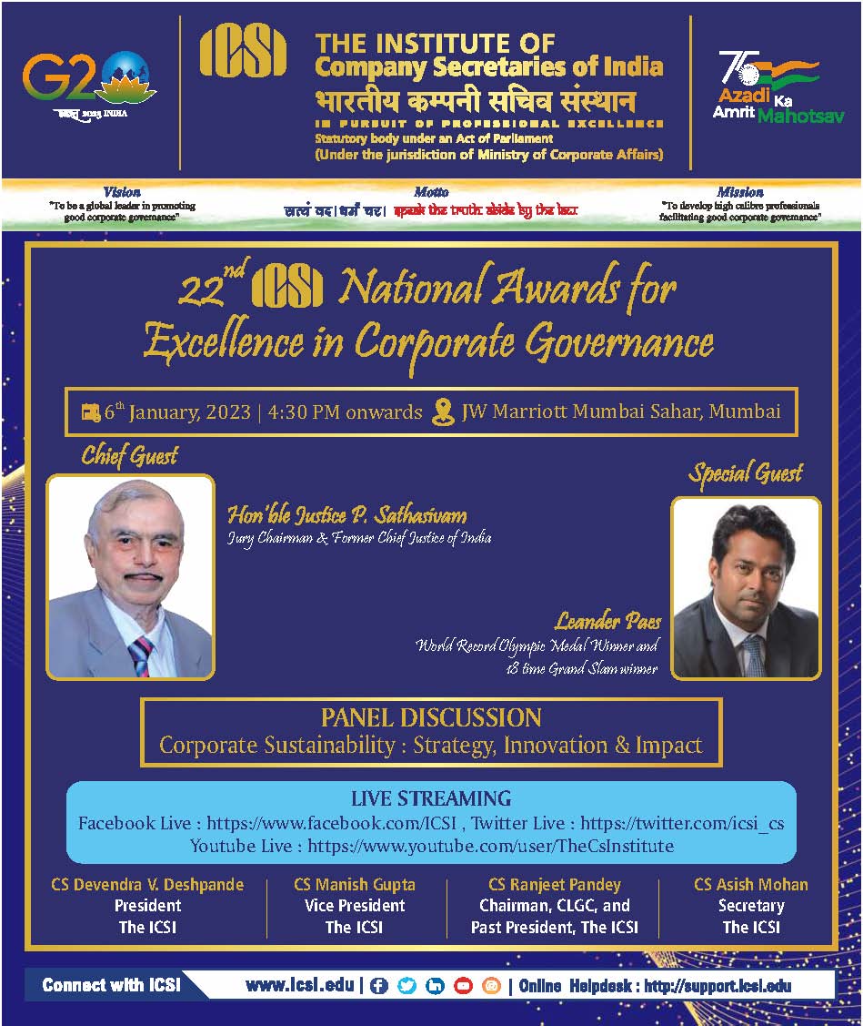 icsi_cs's tweet photo. Hon’ble Justice P. Sathasivam &amp; Leander Paes to grace 22nd #ICSI National Awards for Excellence in #CorporateGovernance 2022 #CGAwards #CSRAwards #SARAward #PCSAward #BRSAwards #G20India #AmritMahotsav @g20org @AmritMahotsav https://t.co/PhNYqULXSW
