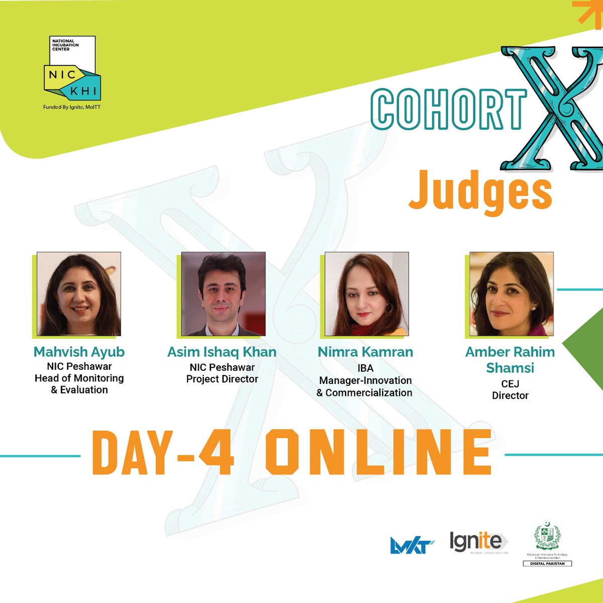 Day 4 of the Cohort X Induction at NIC Karachi is going to be 🔥!
We have three exciting pitching sessions lined up and our judges can't wait to see what innovative ideas the startups have in store. Who will make the cut and join our incubation program?
 #NICKarachi #CohortX