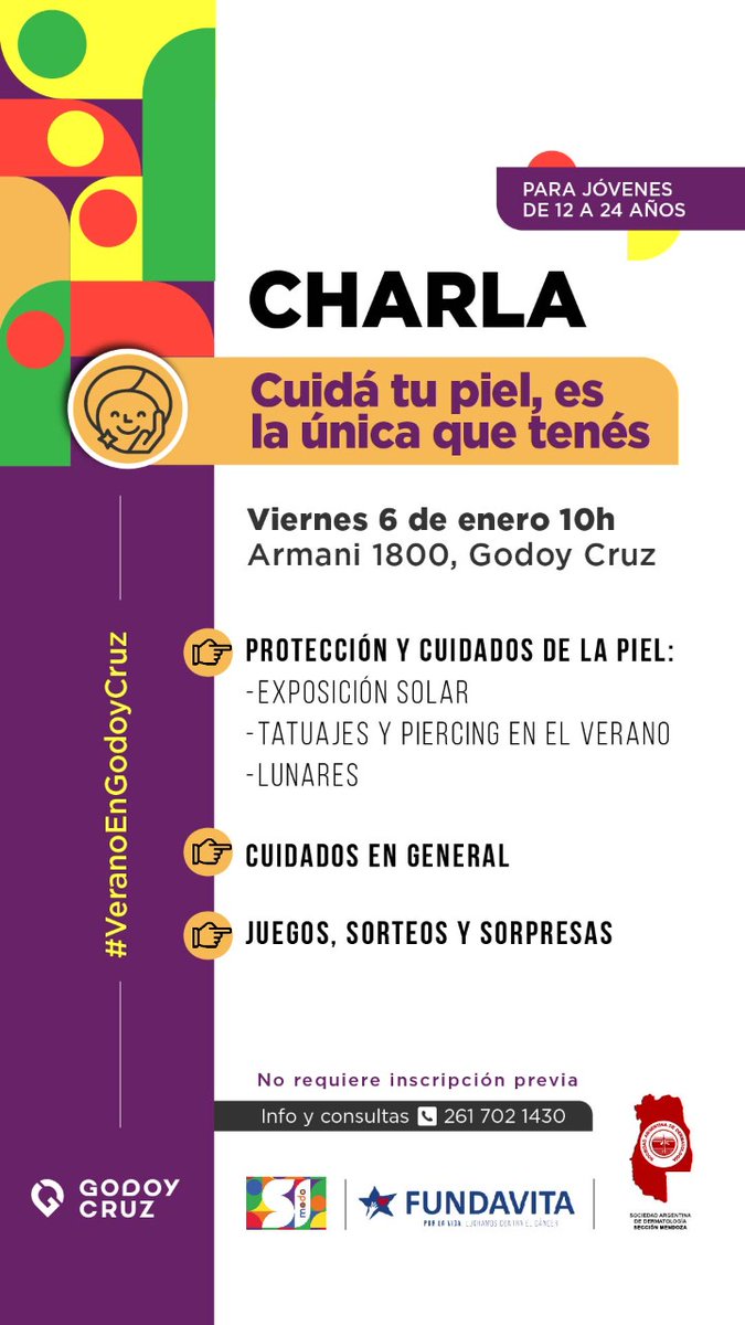 MinSaludMza's tweet photo. 👉 "CUIDÁ TU PIEL, ES LA ÚNICA QUE TENÉS"

Charla en el #ModoSi de Godoy Cruz organizada por el @MinSaludMza y la municipalidad para jóvenes de 12 a 24 años.

Será este viernes 6 de enero a las 10 h en Armani 1800 de Godoy Cruz.

¡Te esperamos! https://t.co/QTrD0TayMJ