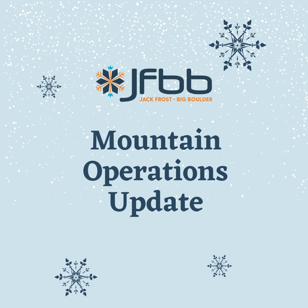 skiJFBB's tweet photo. Due to unseasonably warm weather &amp; rain this week, Big Boulder will be closed Thurs. Jan. 5, to preserve the snow pack. We plan to re-open Big Boulder for regular operations on Fri., Jan. 6, at 3PM. Jack Frost will be open 9AM-4PM, Thurs. Jan. 5.

Thanks for your understanding. https://t.co/KxuTzTxpvr