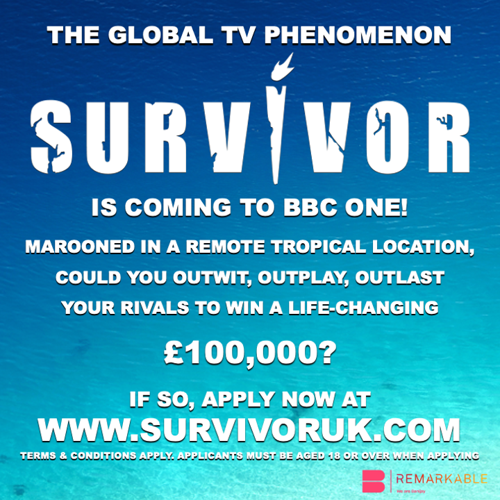 Epic challenges. £100,000 at stake. A Sole Survivor to find.

SURVIVOR is coming to BBC One. To apply go to survivoruk.com now!

Terms & conditions apply. Applicants must be aged 18 or over when applying.
#Survivor #SurvivorUK #Casting #BeOnTV #Challenge