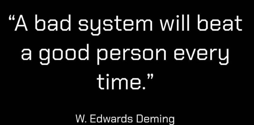 A timeless truth with particular resonance at the moment - outstanding commitment / brilliance can achieve astonishing outcomes in the face of any challenge for a while but continued success over time needs good system design