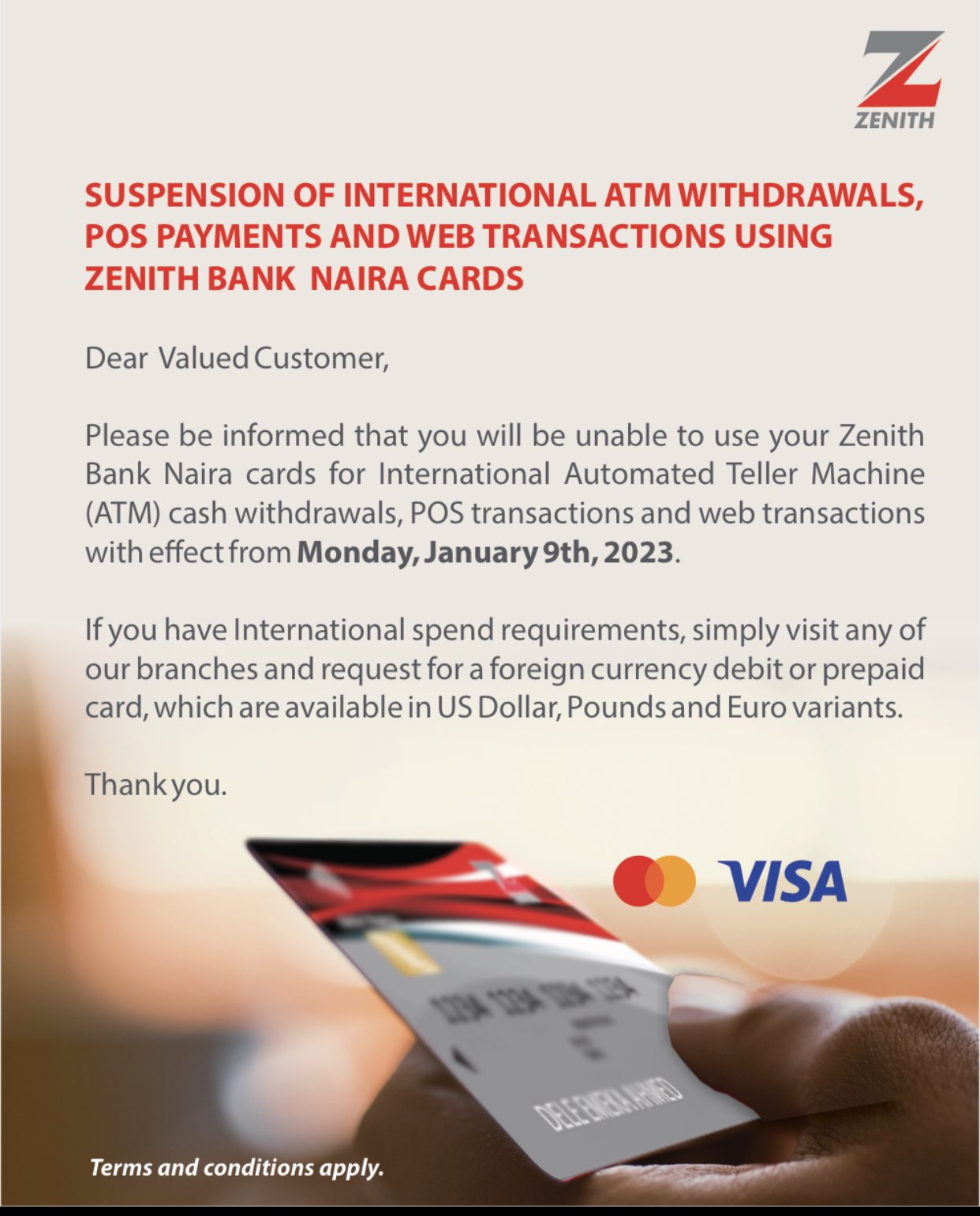 zenith bank's notice