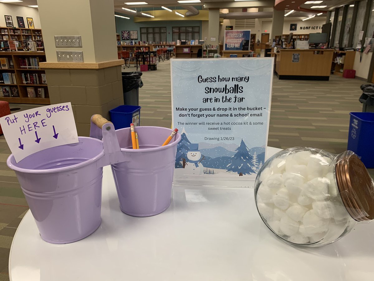 SGHS_TLC's tweet photo. Stop by the TLC and get your snowball guess in~ & #titansread challenge is underway so check out our displays for the new year! @SouthGarnerHS @wcpssdll https://t.co/ZFZMfmMzYe
