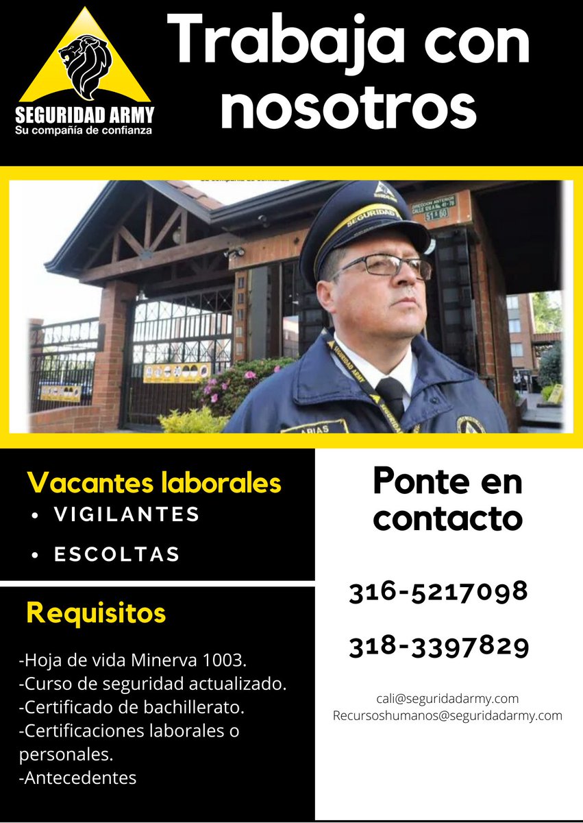 army_vig's tweet image. Empezamos el año nuevo contratando personal para nuestro equipo de trabajo en la ciudad de Cali. Si eres vigilantes o escolta, postúlate. Envía la convocatoria a amigos o conocidos que les pueda interesar. #vacantes #seguridadyvigilancia