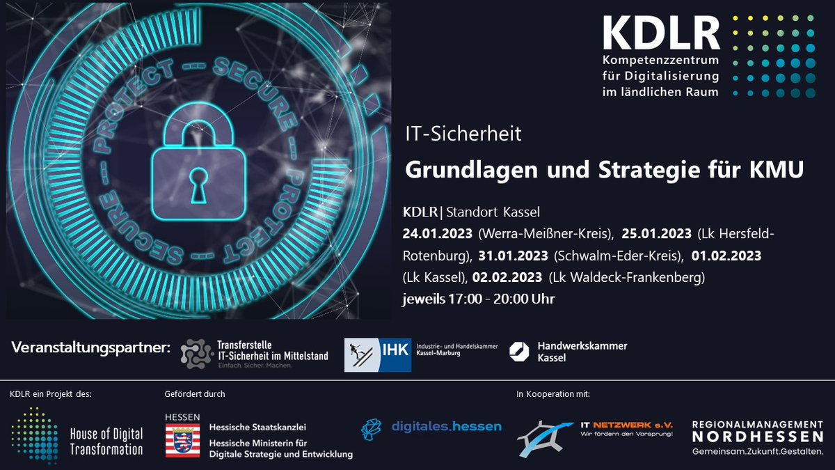hodt_hessen's tweet photo. Jetzt zur Veranstaltungsreihe anmelden, welche in Basis- und Aufbaumodulen Grundlagen zum Thema IT-Sicherheit – und Strategie für KMU vermittelt: https://t.co/H7EXDVboik 
#digitalisierung #cyber #strategie #KDLR #itsecurity  #cyberangriff #kmu #hessen #digitaletransformation https://t.co/ZK3dmO2LlB