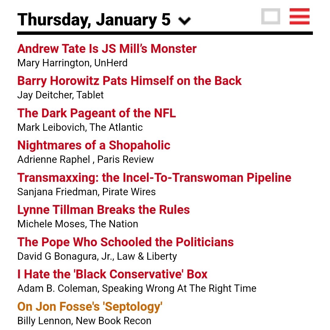 Your Thursday reads: @moveincircles for @unherd, @AdrienneRaphel for @parisreview, @michelejmoses for @thenation, @DavidGBonaguraJ for @LawLiberty, @jaydeitcher for @tabletmag, @metaversehell for @PirateWires, @podracing_champ for his Substack, and @wrong_speak for his Substack.