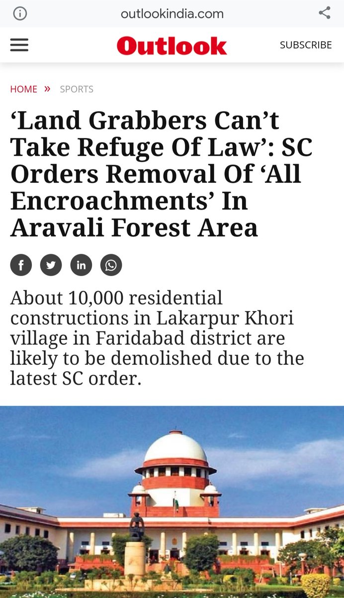 AskAnshul's tweet image. In 2021, Supreme Court ordered to remove all encroachments, consisting around 10,000 residential constructions, in Aravali forest area near Lakarpur Khori village in Faridabad.

Supreme Court said that "Land grabbers cannot take refuge of rule of law and talk of fairness".