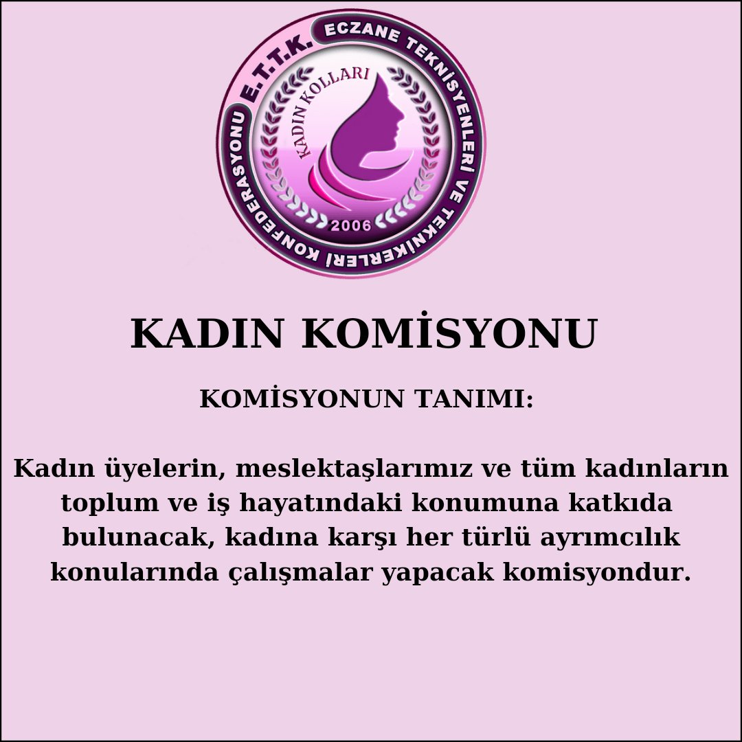 ettkkurumsal's tweet photo. Eczane Teknisyenleri ve Teknikerleri Konfederasyonu Kadın Kolları Komisyonu sosyal medya hesabıdır. Tüm kadın meslektaşlarımızı birlikte hareket etmeye davet ediyoruz. 

https://t.co/P3CQPZRasA https://t.co/3sWRTOFnBt