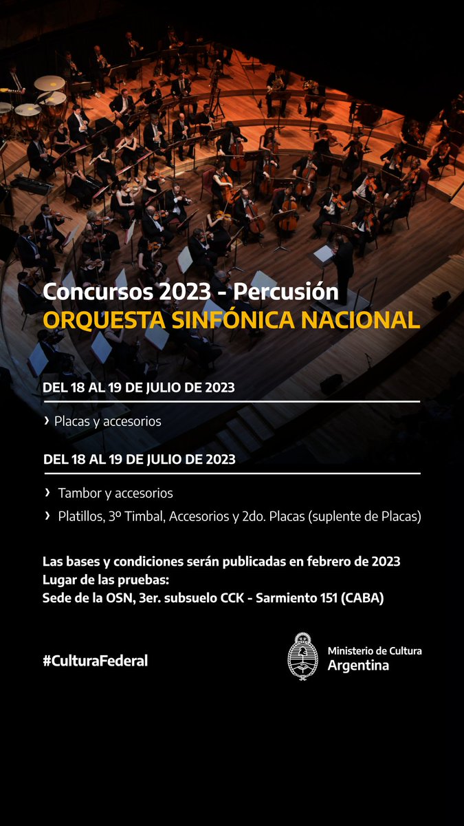 Concursos 2023 en la Orquesta Sinfónica Nacional 
Vientos, cuerdas y percusión