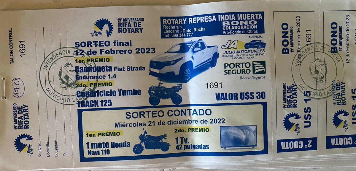 RotaryLascano's tweet photo. Van quedando las últimas rifas pro fondos para el 19 Festival del Lago Represa de India Muerta. Solo USD 30 y estan colaborando para llevar adelante una gran fiesta para la región y totalmente a beneficio de Instituciones de la zona. https://t.co/nUj89QEMWR