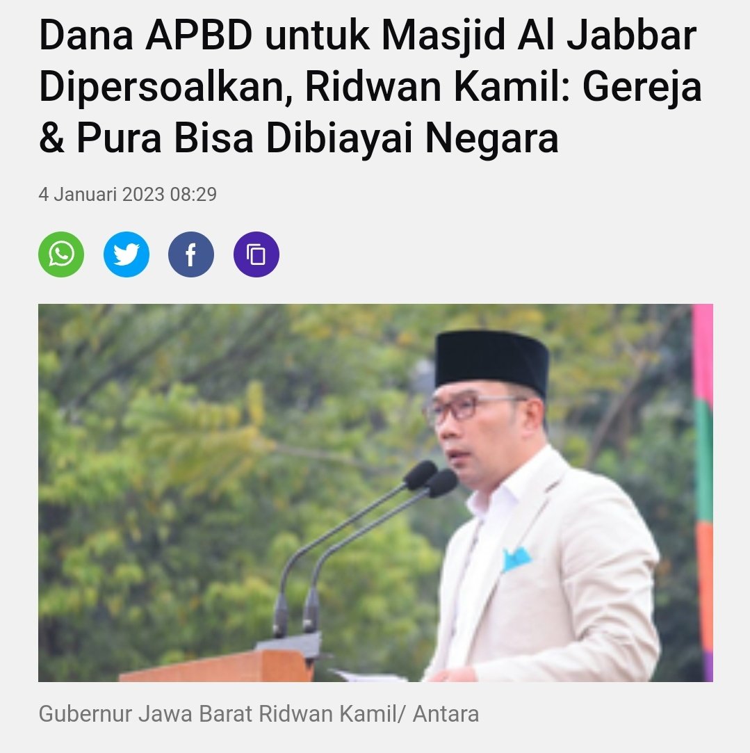 Pak Gub <a href="/ridwankamil/">Ridwan Kamil</a> yg terhormat, Kami TANTANG Bpk BERANI tidak memberikan anggaran 10 Milyar saja (0,1% sj dr anggaran Pembangunan Masjid Al Jabbar) u/ Membangun 1 GEREJA atau PURA dari APBD JABAR..?!?! Cc. Pakdhe <a href="/jokowi/">Joko Widodo</a> <a href="/mohmahfudmd/">Mahfud MD</a> <a href="/kurawa/">RUDI VALINKA</a> @pengarang_sajak <a href="/Leonita_Lestari/">NitNot ❘</a>