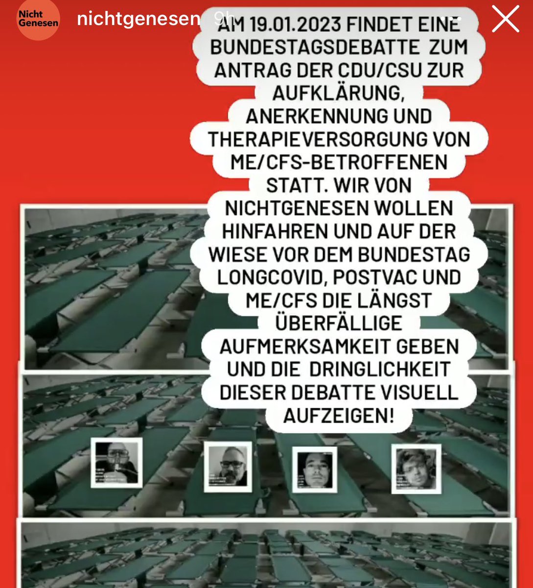 ⚠️ Wir brauchen #euch!!!

AKTION #Liegenddemo am 19.01. 
im Zuge der Beratung des #Bundestags über den Antrag der #CDUCSU zur Versorgung von #MECFS - #LongCovid und #PV - Betroffenen!

Bitte beteiligt euch mit 
❗️30€ ❗️ via #paypal  an info@nichtgenesen.org

Details im Thread 🧵