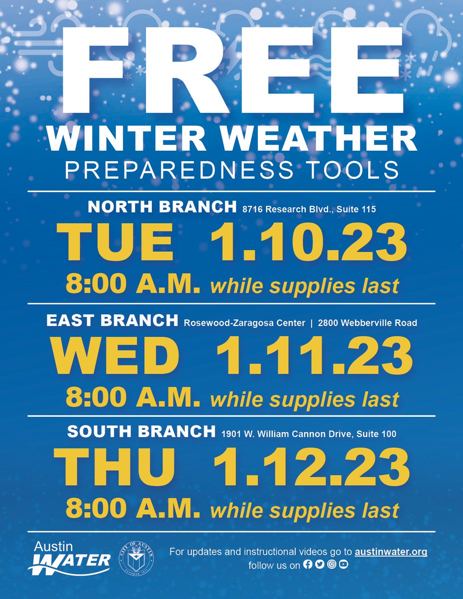 We're continuing the winter weather preparedness tool kit giveaways in January! Pick up a free hose bib cover, water meter key and helpful winter weather tips next week at a COA Utilities Customer Service Center. Details at austintexas.gov/news/city-aust…