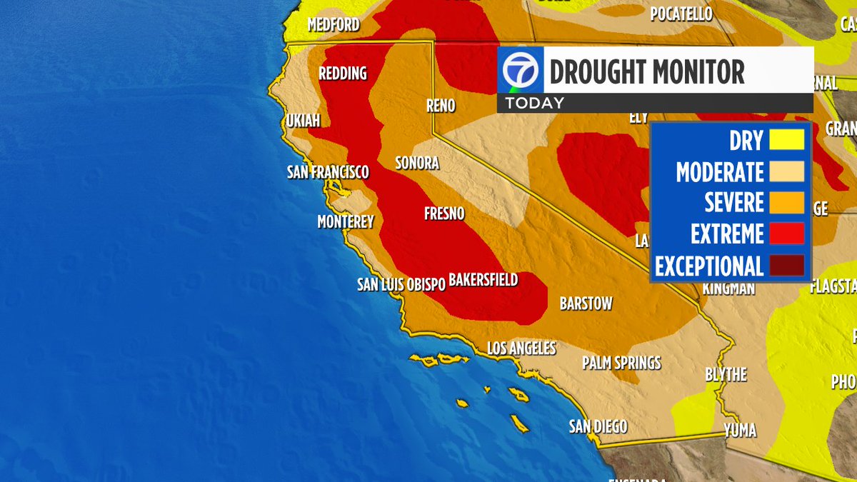 DrewTumaABC7's tweet photo. NEW DROUGHT MONITOR
Exceptional drought category has been completely removed from California. Bay Area sees improvement too. Santa Clara and Santa Cruz improve to the moderate drought category. Extreme drought category shrinks. https://t.co/GdvCc5h9Qo