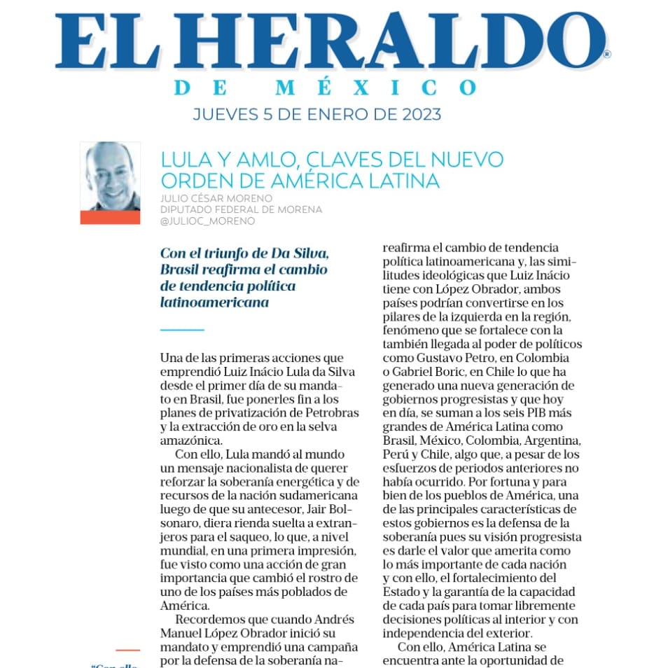 julioc_moreno's tweet photo. Sin duda, @LulaOficial y @lopezobrador_ reafirman el nuevo orden de América Latina, para bien de los dos pueblos estos gobiernos se caracterizan por la defensa de la soberanía, la igualdad y la justicia. Comparto mi columna en @heraldodemexico.✍🏻👇🏻https://t.co/HtN2CdtMJV https://t.co/FDQ9agwiHL