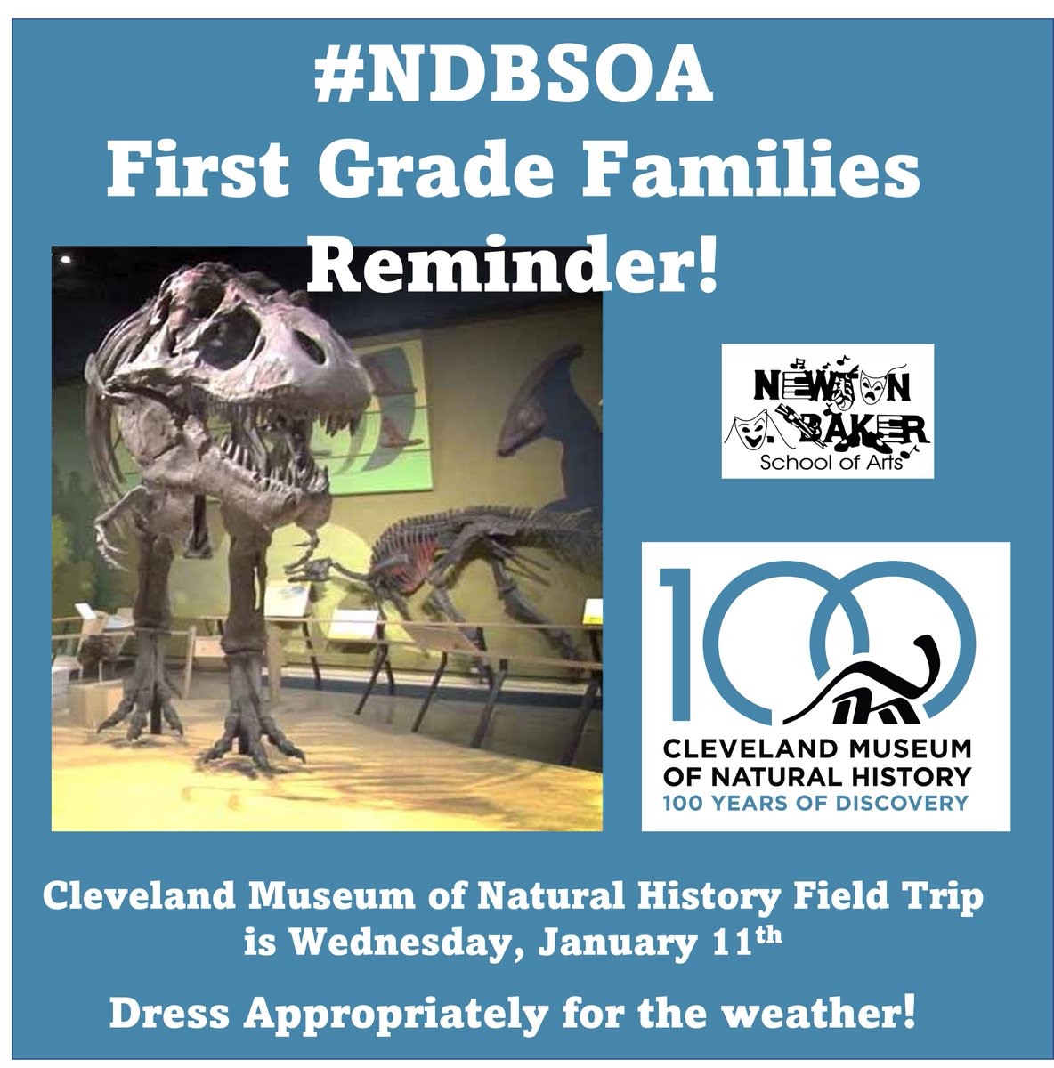 #NDBSOA First Grade Families Reminder!  Cleveland Museum of Natural History Field Trip is Wed, January 11th! @Get2schoolcle  @Ericgordon_CEO @Clemetroschools @Oheducation <a href="/Cleveland_PL/">Cleveland Public Library</a> <a href="/CmsdKaren/">CMSD-Karen Thompson</a> <a href="/teachcle_cmsd/">Teach Cleveland</a> @Westparkkamms <a href="/CityofCleveland/">City of Cleveland</a> @KeepGoingCLE  @justinmbibb <a href="/goCMNH/">Cleveland Museum of Natural History</a>