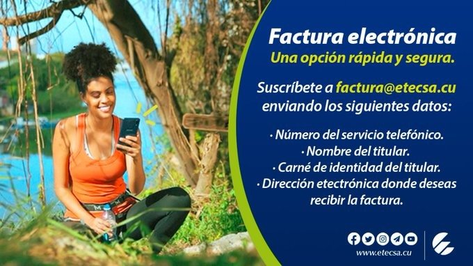 ETECSA_Cuba's tweet photo. ¿Ya solicitaste tu #FacturaElectrónica 📞☎️ ?
Contáctanos a través del correo factura@etecsa.cu 📩.
👉 Una opción rápida y segura 😉 https://t.co/CpFpjqdAzh