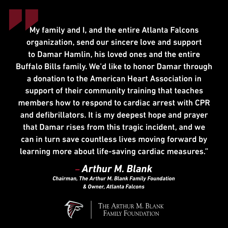 AtlantaFalcons's tweet photo. The @BlankFoundation will grant $25,000 to the @GeorgiaAHA, in response to the cardiac arrest suffered by Buffalo Bills safety Damar Hamlin