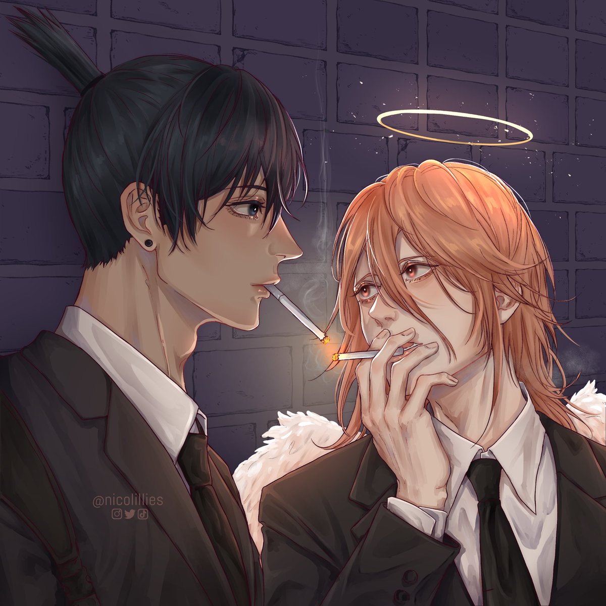hayakawa aki cigarette 2boys smoking multiple boys necktie black hair formal  illustration images