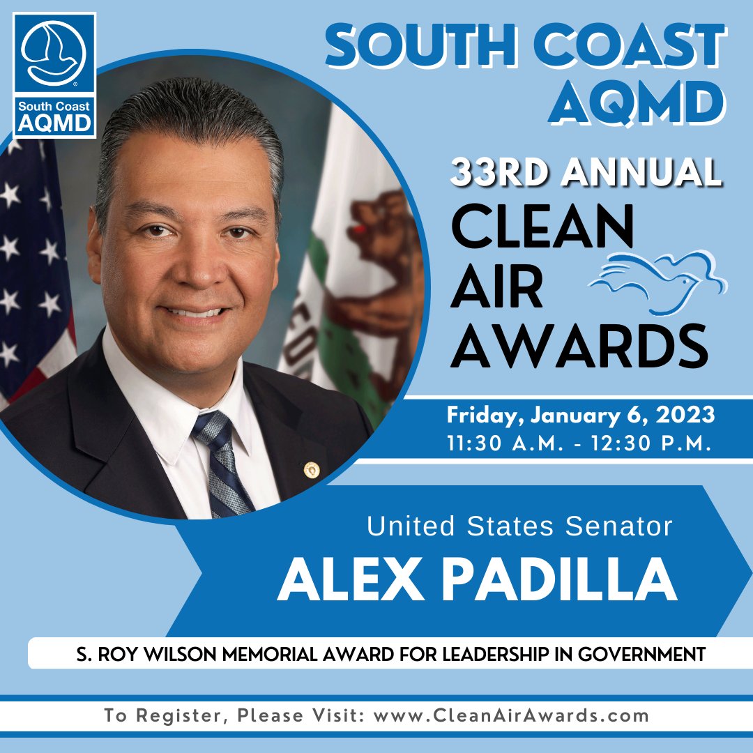 SouthCoastAQMD's tweet photo. In just 1 day, we present the S. Roy Wilson Memorial Award for Leadership in Government to U.S. @SenAlexPadilla and the Dr. Robert Zweig, M.D. Memorial Award to @RepLowenthal!
Find out how you can register to take part in our #CleanAirAwards show at https://t.co/8eMd0eazEq https://t.co/Ne7MNXo3GB