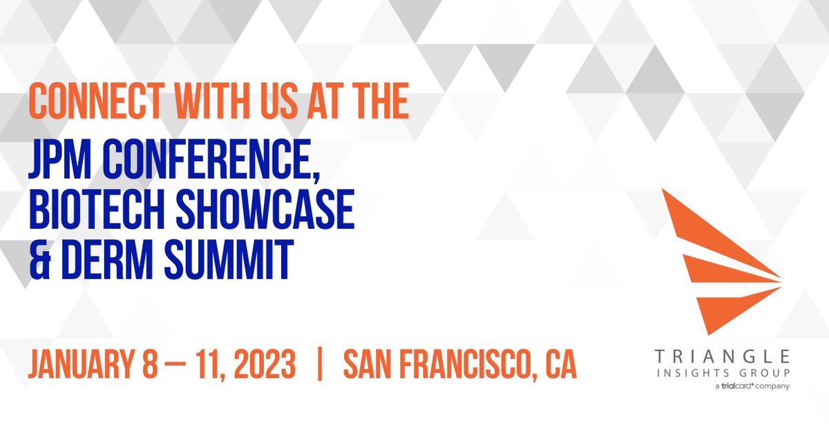 TriangleInsight's tweet image. We&apos;re looking forward to attending the JPM Conference, Biotechnology Showcase &amp;amp; Dermatology Summit in San Francisco. If you&apos;re planning to be at #JPM23, let&apos;s connect. Book a meeting with us by emailing contactus@triangleinsights.com or via partneringONE: bit.ly/3COzi6X