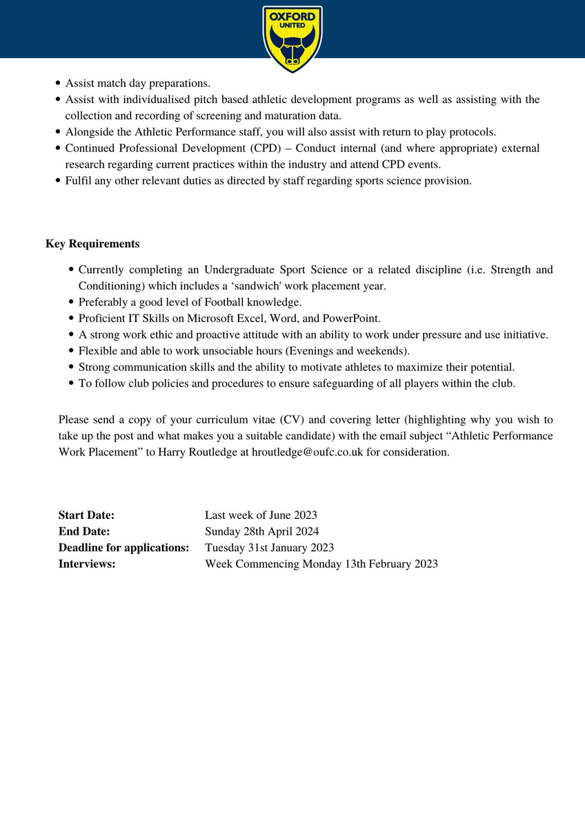 Oxford United have an exciting opportunity for three placement year students to join the Athletic Performance Department for the 2023/2024 season. Deadline for applications Tuesday 31st January <a href="/OUFCOfficial/">Oxford United</a> #athleticperformance