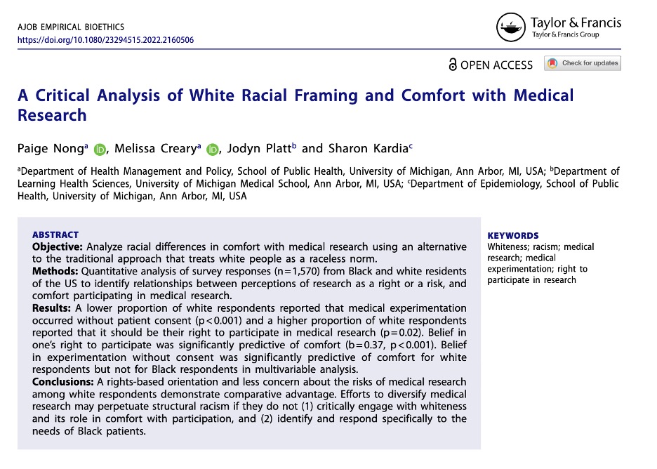📣 Excited to pub our latest in @bioethics_net, led by stellar @umicsph doc student @paigenong. We call for researchers to question how we center whiteness in data collection and analyses. tandfonline.com/doi/full/10.10… 🧵 1/x