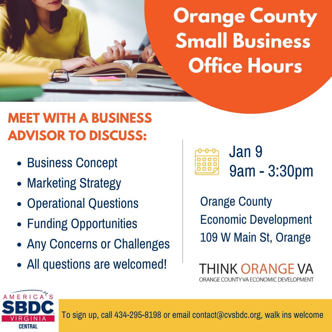 CentralVASBDC's tweet photo. 📣Attention Orange County small business owners! 📣
Have a question about your business? We have answers!
434-295-8198 or contact@cvsbdc.org to schedule your meeting.
#smallbusiness #businessowners #advising #orangecounty #thinkorangeva #strategy #yourpartnersinbusiness https://t.co/z0L1MlANVd