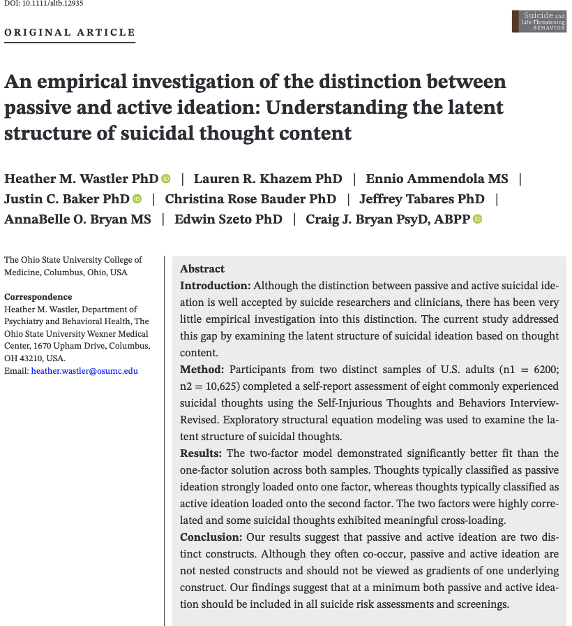 NEW in Suicide and Life-Threatening Behavior: highlights the importance of distinguishing between passive and active suicidal ideation.

Heather Wastler, <a href="/lrkhazem/">Lauren R. Khazem, PhD</a>, <a href="/craigjbryan/">Craig Bryan, PsyD, ABPP</a> and colleagues.

onlinelibrary.wiley.com/doi/full/10.11…