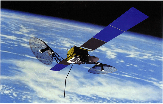 An artist's illustration of the second generation Tracking and Data Relay Satellite (TDRS) with Earth in the background.